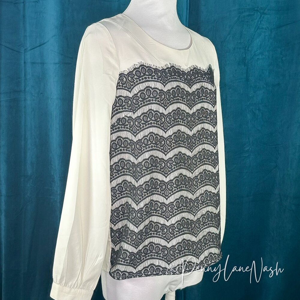 C. Luce Long Sleeve Black Lace Trim Blouse Top Medium - Picture 3 of 12